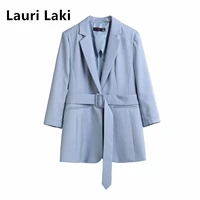 lauri laki elegant blazer jacket women with belt solid office ladies fomral ol three quarter sleeve blazer coats summer 2021