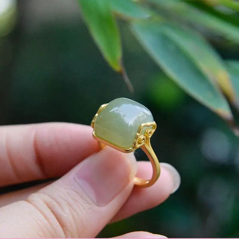

Original S925 Sterling Silver Xiangyun Hetian Jade Lady Temperament Simple Elegant Retro Open Jade Ring Rings Ring