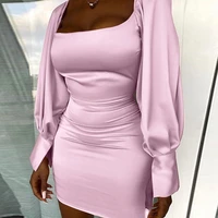 skmy vacation outfits satin dress 2021 new solid color puff sleeve square collar slim bodycon clubwear party autumn dress women