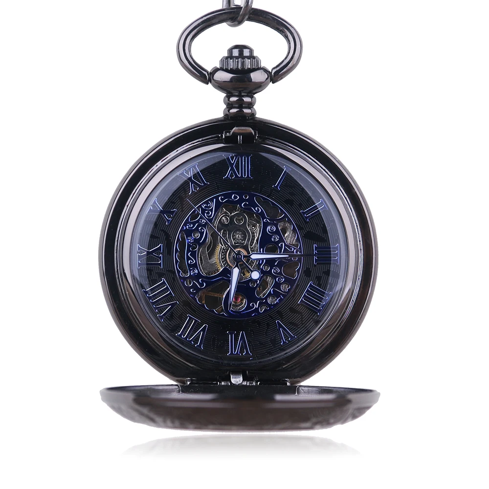 Black Steampunk Roman Numerals Display Skeleton Hand Style Mechanical Pocket Watch Retro Gentleman Men's Pendant Accessories