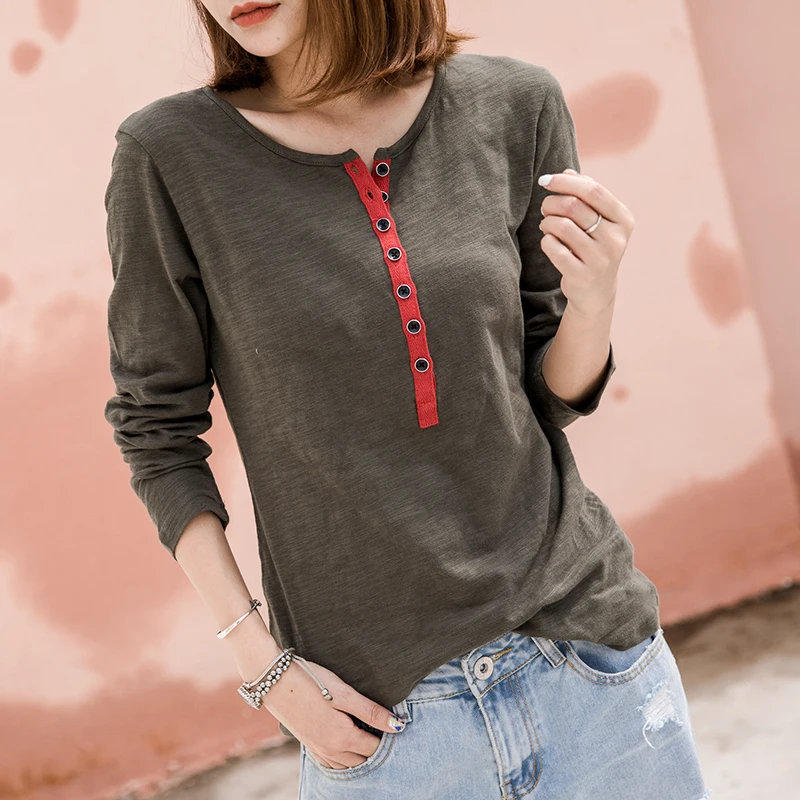 2021 летние новые женские футболки с длинными рукавами и пуговицами универсальные
