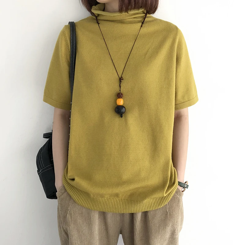 Фото Женский трикотажный свитер однотонный с коротким рукавом в японском стиле