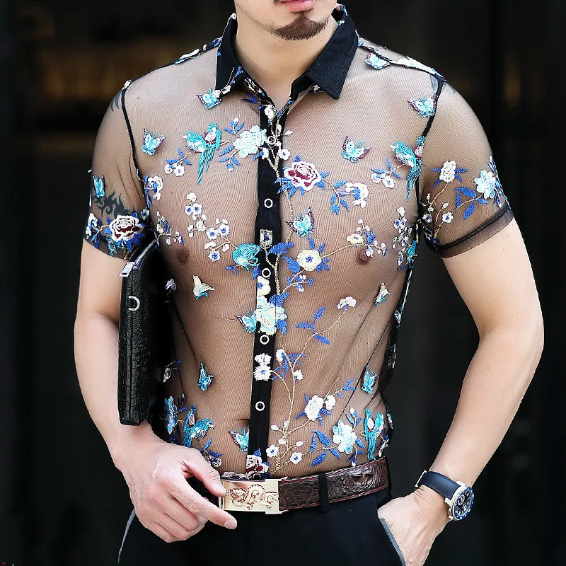 

Super Sexy Transparent Shirt Emboridery Camisa Hombre Slim Fit Mesh Shirt Men Outfit Top 4xl Flower See Through Shirt