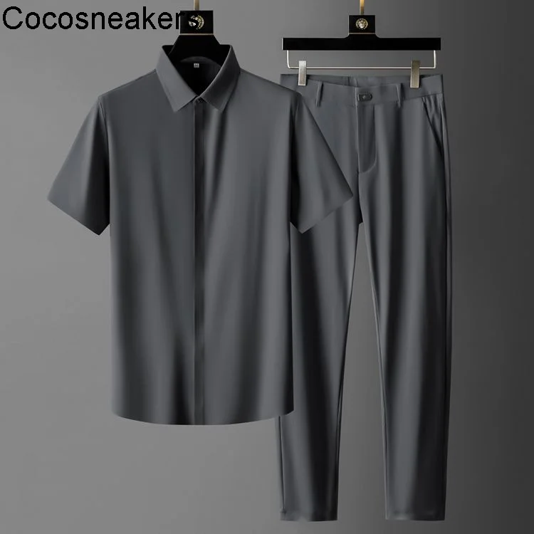 

High end business ultra-thin ice silk short sleeve shirt two-piece set seamless glue pressing four side elastic fabric men's