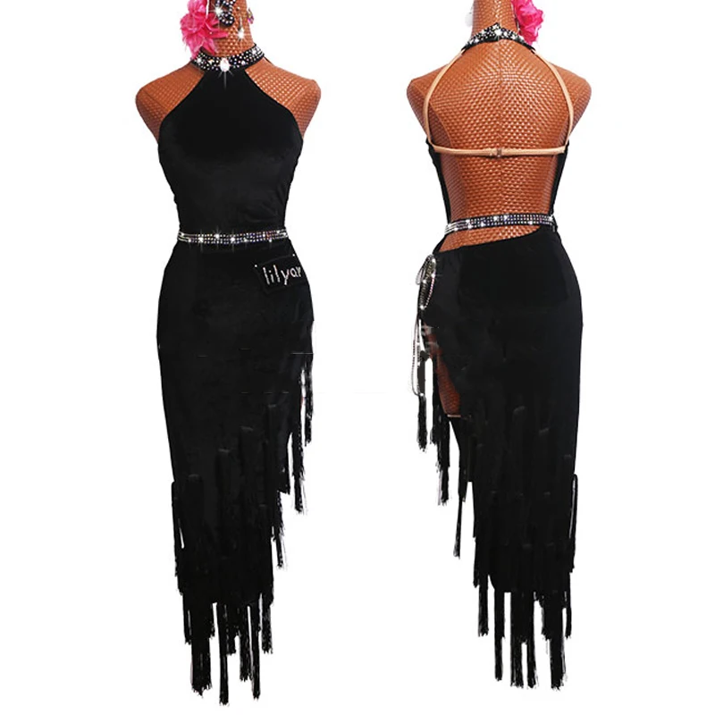 Сексуальное платье без бретелек для латинских танцев черное бархатное Фламенго