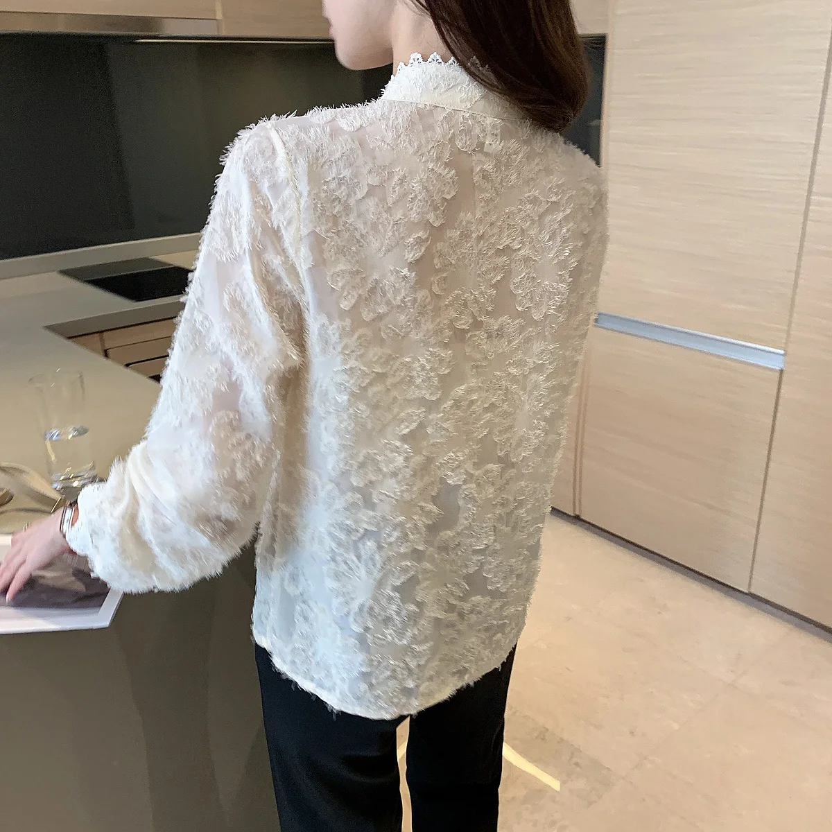 

Cotday Long Sleeve Blusas Feminine New Stand Collar Solid Nine Quarter Sleeve Blouse Shirts Lace Ruffle Women Tops Blouse