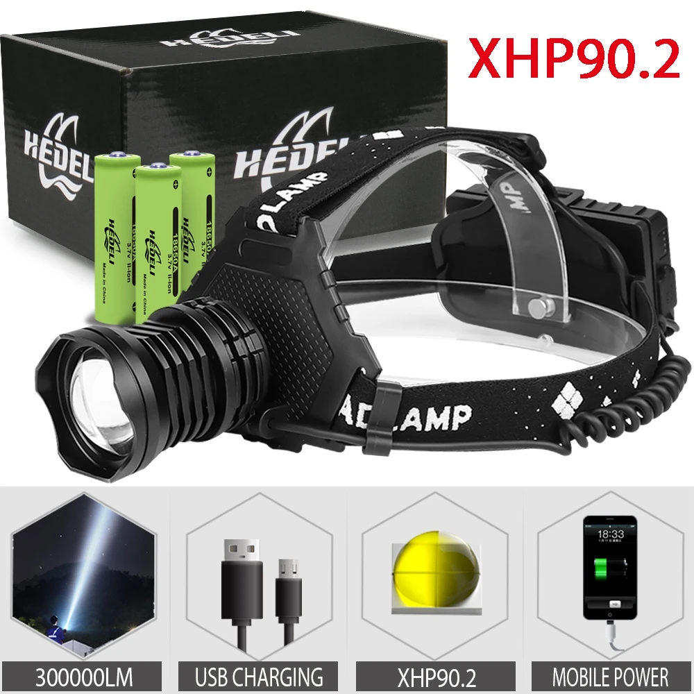 300000 лм XHP90.2 светодиодный налобный фонарь XHP90 мощный USB 18650 перезаряжаемый XHP70 XHP50