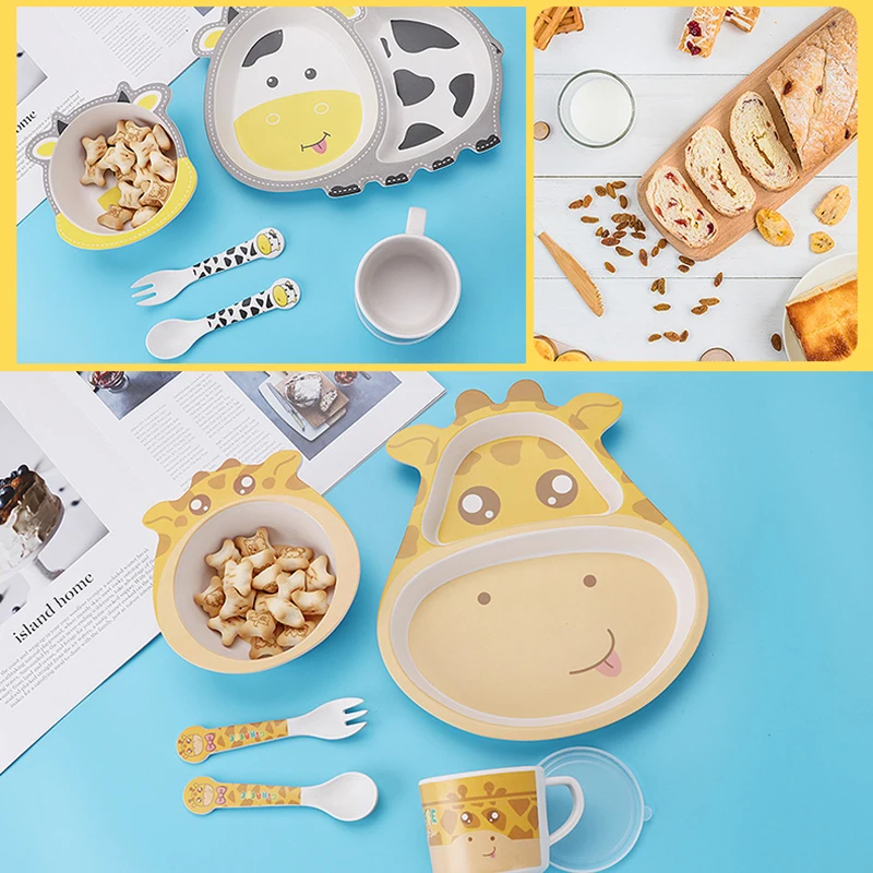 

Eco-friendly Children's Dinnerware Cutlery Set Cartoon Baby Meal Divider Plate Bowl Spoon Fork Milk Cups Bamboo Fiber Tableware