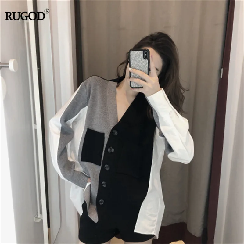 RUGOD, женский свитер с v-образным вырезом, корейский стиль, длинный рукав, карман, контрастный цвет, вязаный свитер,, осень, Pull Femme Hiver