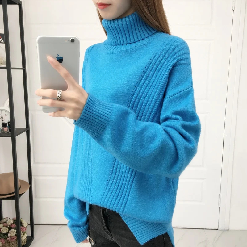 Женский Однотонный свитер с высоким воротником теплый вязаный джемпер длинными