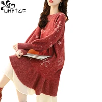 uhytgf women sweater dress fashion splicing pullover elegant female knitted bottoming skirt long sleeve lace casual clothes 1889
