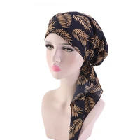 muslim hijab cancer chemo feather striped print hat turban cap cover hair loss head scarf pre tied hair accessories for women