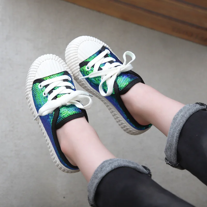 CUZULLAA Children Sequin Sneakers for Boys Girls Lace Up Glitter Fashion Shoes Kids Canvas Soft Bottom Flats Spring Autumn | Детская