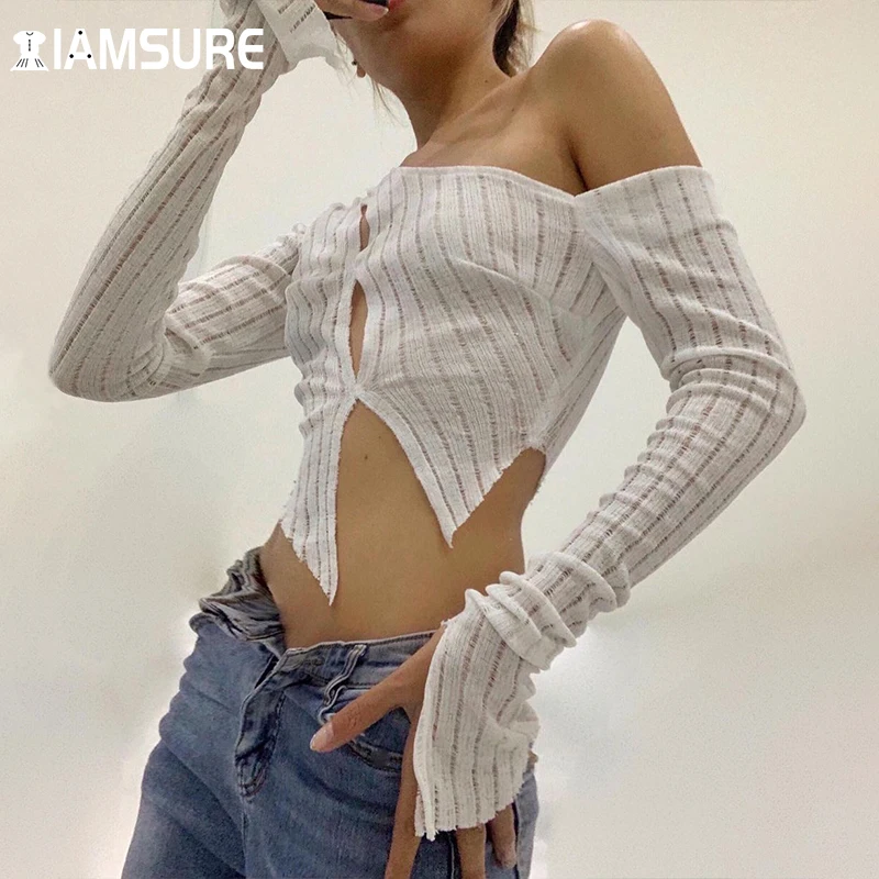 Женская Просвечивающая футболка IAMSURE с косым воротником сексуальный тонкий