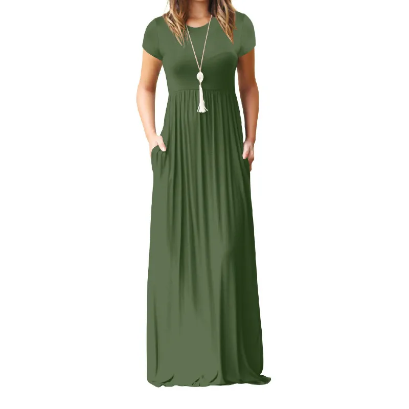 Летнее Длинное Платье Макси, женское богемное длинное платье размера плюс, Повседневное платье с карманами, новое однотонное платье с коротким рукавом и круглым вырезом, S-2XL GV598 - Цвет: Army Green