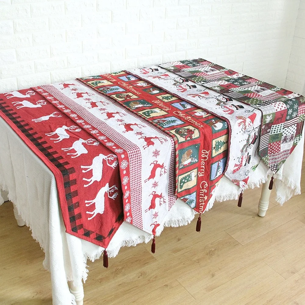 

New Jacquard Yarn-dyed Christmas Table Runner Home Decoration Elk Cartoon Snowman Coffee Table Tablecloth Table Runner