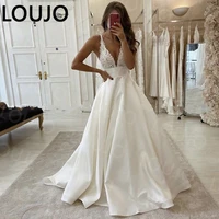 luojo satin wedding dresses 2022 v neck lace appliques buttons custom made a line wedding gowns bride dress vestido de noiva