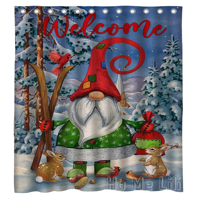 

Christmas Shower Curtain Santa Dwarf Gnome Rabbit Snow Tree Hat Festival Waterproof Fabric For Home Bathroom Decoration