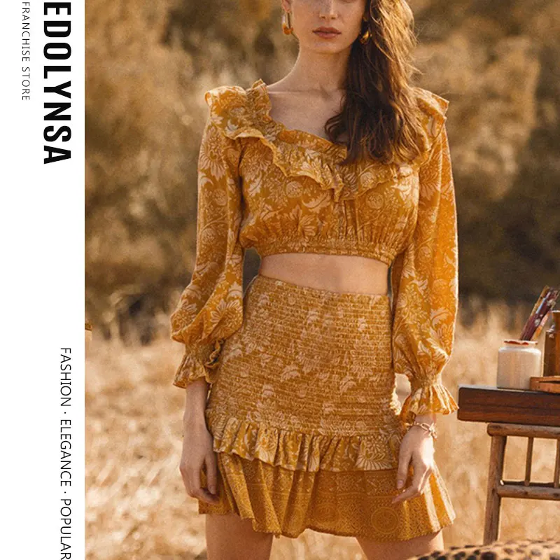 

Boho Ruffles Slash Neck 2 Pieces Sets Sexy Navel Two Piece Sets Women 2020 Spring/Autumn Clothes Women Two Piece Set Y43
