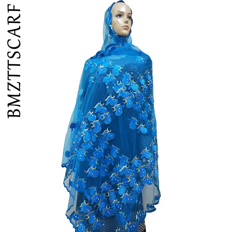 Color 12 African Women Scarf Good Quality Plain Embroidery with Stones Soft Net Scarf for Headscarf Wraps Pashmina BM805 - Цвет: Color 12