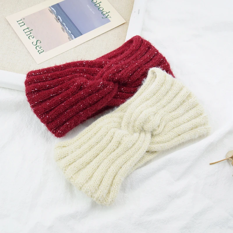 

Winter Knitted Headband Elastic Hair Bands Cross Wide Headwrap Solid Color Faux Fur Soft Bright Silver Hairband Hair Accessories