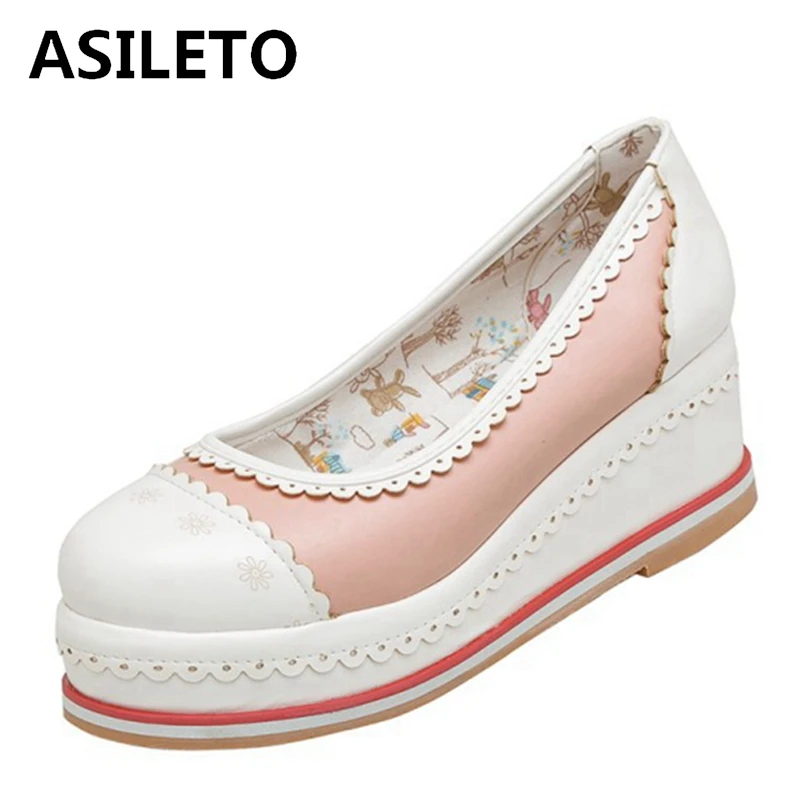 

ASILETO 2021 Sweet Pumps Lolita Platforms Cute Slip On Candy Color Party Thick Sole Shoes Pink Orange White Grey Green A4524