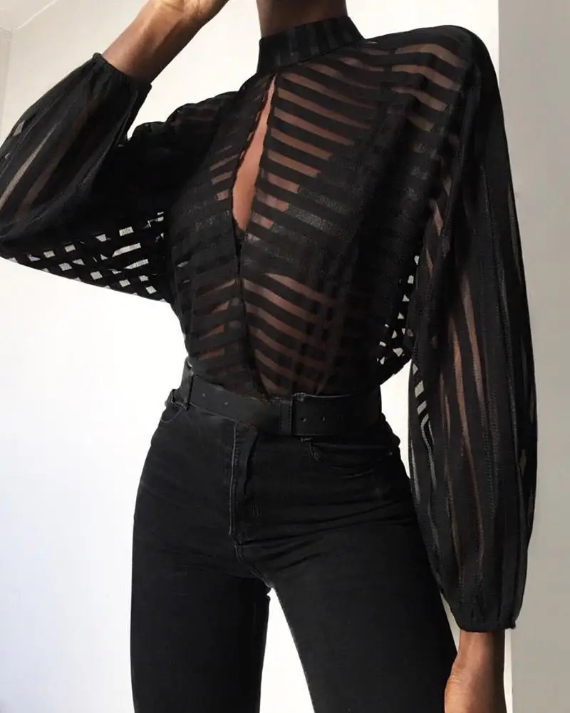 

2020 Women Stylish Casual Shirt Female Black Leisure Top Party Club Stripes Keyhole Front Mesh Blouse