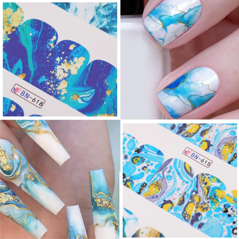 12pcs Gradient Marble Water Nail Stickers Flower Letter Leopard Cartoons Sliders For Nails Transfer Decals Decoration | Красота и