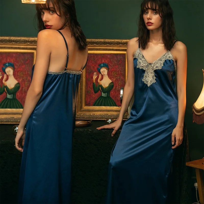

Женская ночная рубашка, длинная ночная рубашка без рукавов, с V-образным вырезом, элегантное Ночное платье на шнуровке, Повседневная атласна...