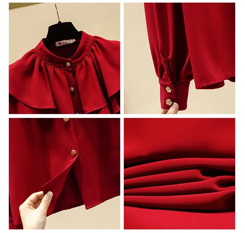 

2021 spring Women Blouse long sleeves Blouse O Neck Solid Fashion Frill Tops Ruffled Blouse