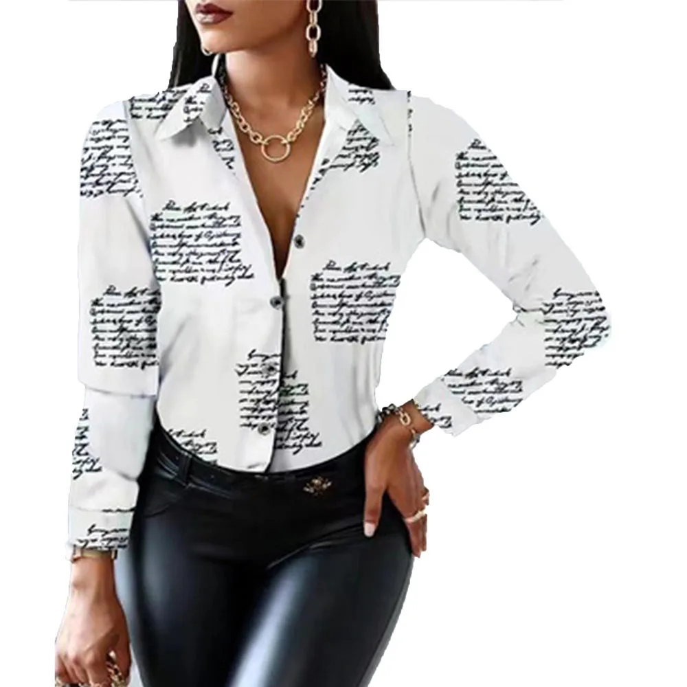 

Fashion Women Long Sleeve Letter Print Shirts Turn-down Collar Button Loose Tees Female Office Lady Work T Shirts Streetwear