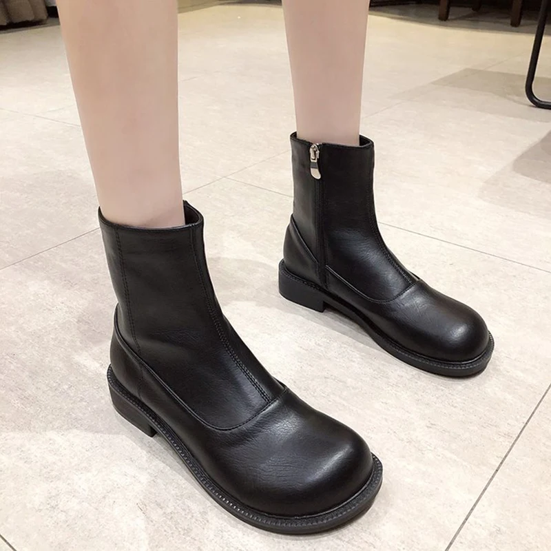 

Ladies Leather Boots Women's Black Flat Side Zipper Ankle Boots Fashionable and Comfortable All-match Low Boots