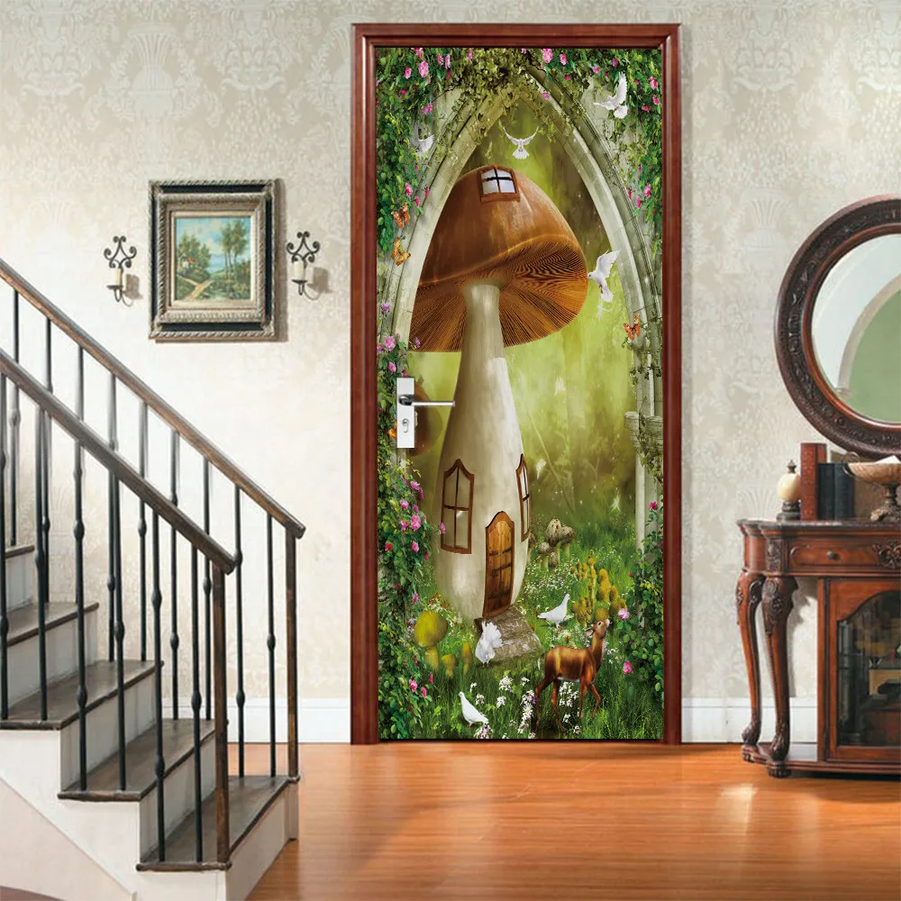 

Фотофоны лесного пейзажа двери Стикеры для домашнего декора гриб номер Спальня Гостиная украшения двери наклейки на стены искусства Водон...