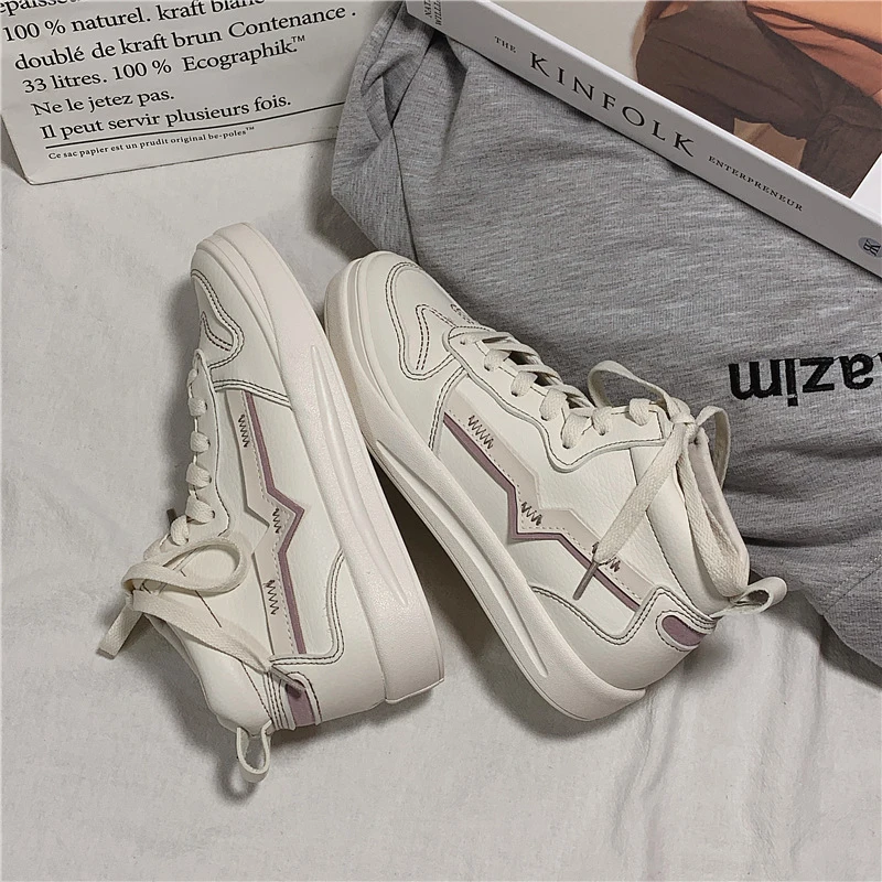 

Women PU Leather High Top Mixed Colors Vulcanized Shoes Lace-Up Casual Sneakers Korean Fashion Flats Non-Slip Shoes for Student