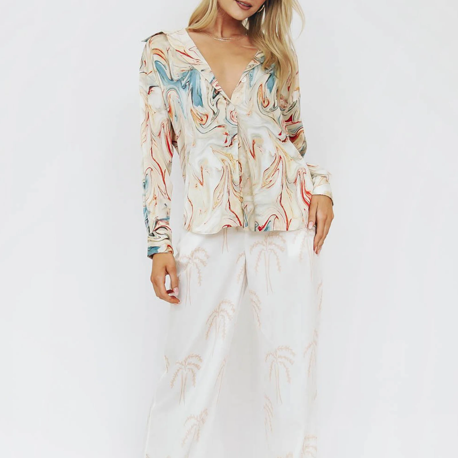 

New Women Elegant Button Down Lapel Shirts Fashion Abstract/Zebra Print Turn Down CollarLong Sleeve Loose Blouse Tops