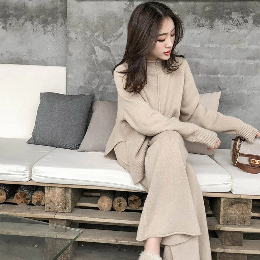 Осенние комплекты из двух предметов однотонные свободные трикотажные топы с