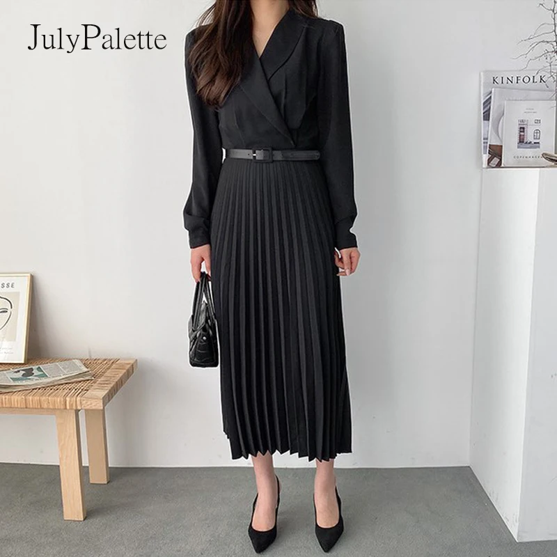 Элегантное платье-блейзер для офисных леди с поясом в складку и длинной юбкой, полные рукава, женское, на вечеринку весной-осенью 2021 года.
