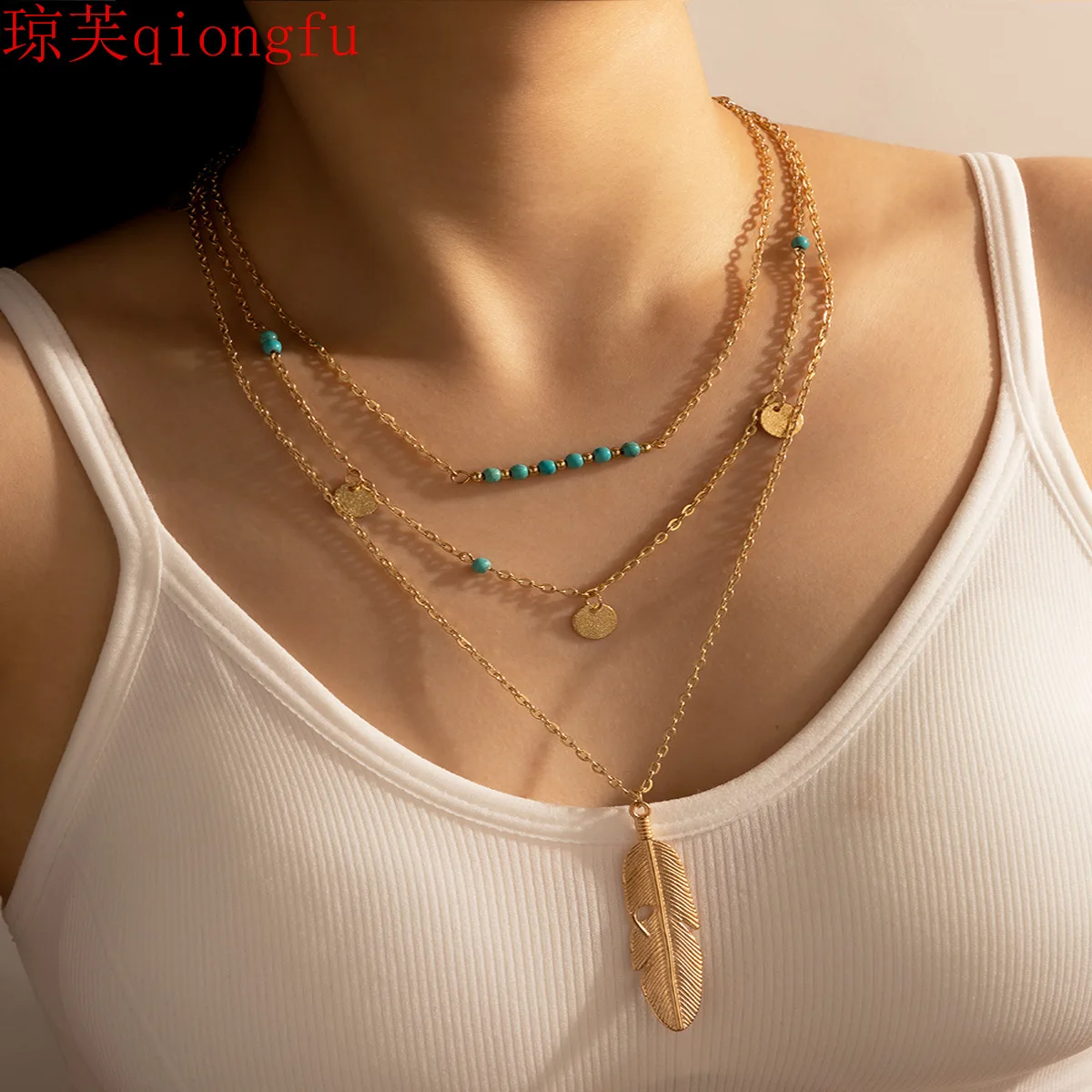 

2021 Fashion Jewelry Retro Style Creative Metal Feather Tassel Turquoise Sequin Multilayer Ladies Necklace spiritual jewelry