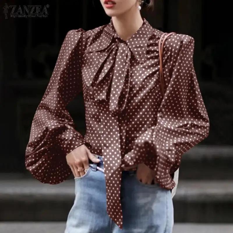 

Autumn Vintage Lace Up Chemise Women Polka Dot Printed Shirt ZANZEA Elegant Long Puff Sleeve lapel Blouse Office Work Tunic Tops
