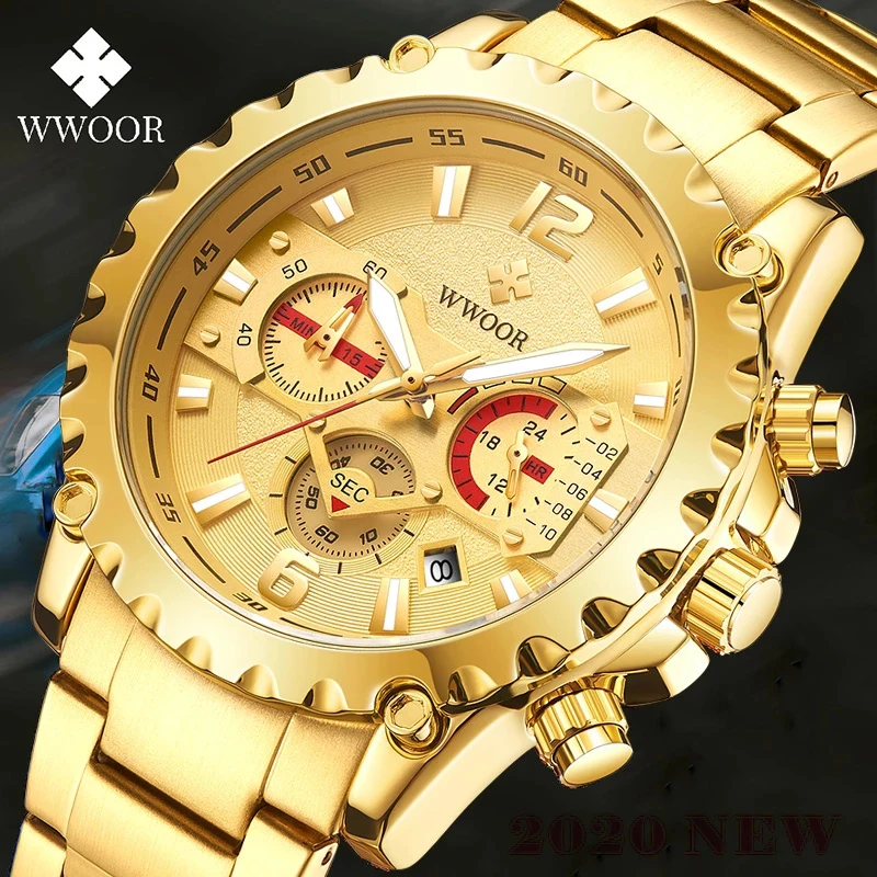 WWOOR Mens Watches with Stainless Steel Gold Top Brand Luxury Sports Quartz Watches Men Waterproof Chronograph Relogio Masculino