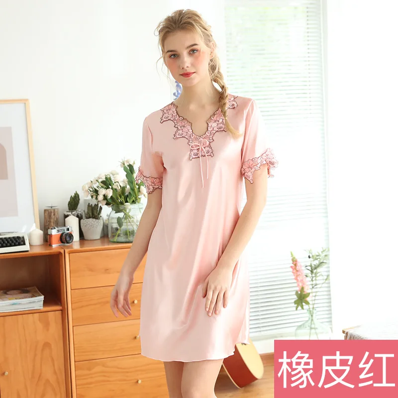 

Summer Silk Ladies Pajamas Nightdress Ice Silk Pajamas Short Sleeved Nightdress Women Home Service Sexy Nightwear Silk Sleepwear