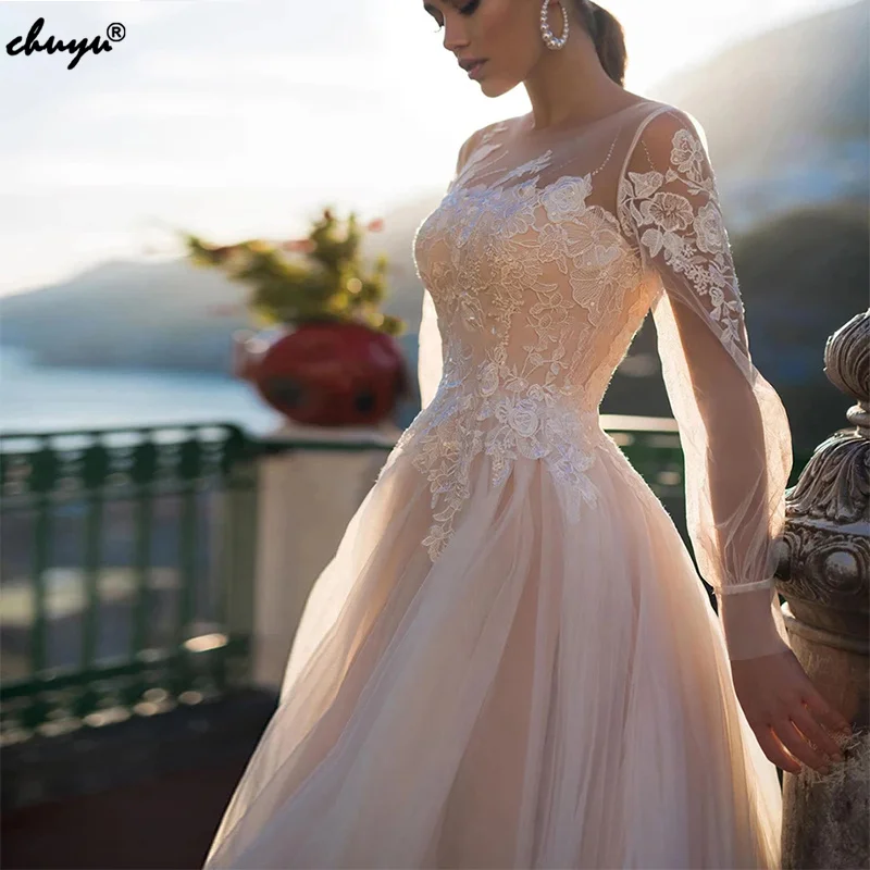 Тюль ChuYu цвета шампанского изящное длинное ТРАПЕЦИЕВИДНОЕ свадебное платье с