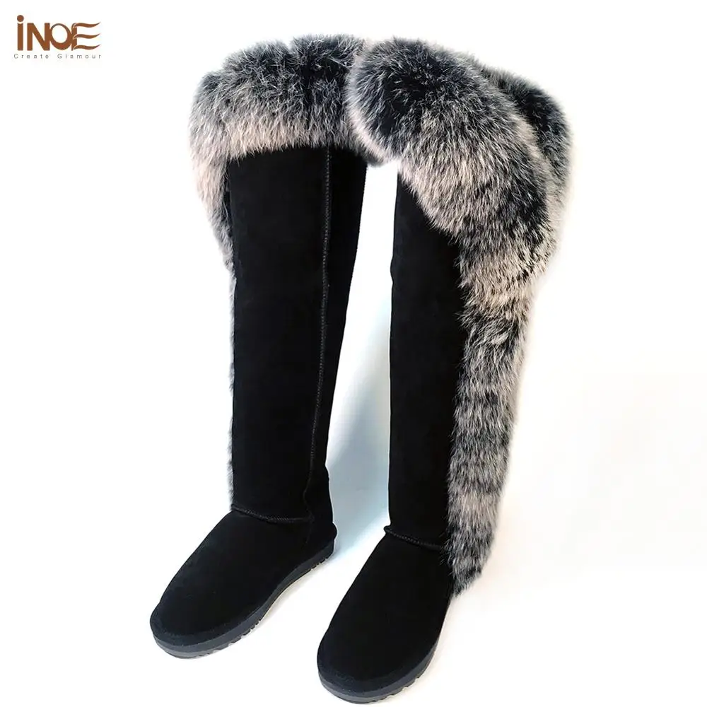 INOE Новые Роскошные Длинные зимние женские сапоги выше колена с мехом песца зимние сапоги из коровьей замши удобные женские ботфорты на плоской подошве на натуральном меху нескользящие сапоги высокие Цвет Черный