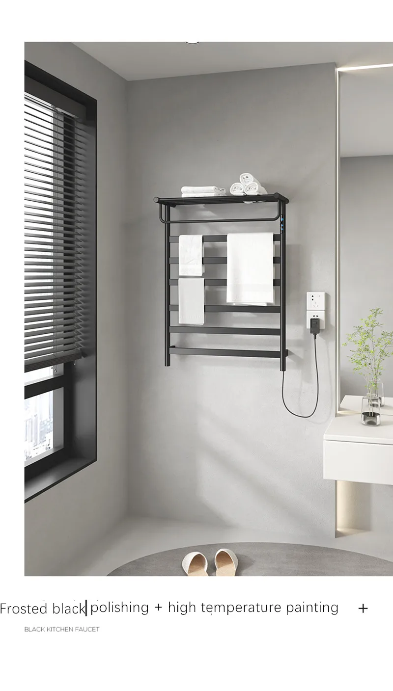 

Fashion Black 220V Heated Towel Warmer Bathroom 304 Stainless Steel Smart Home Electric Towel Rack Temperature &Time Control