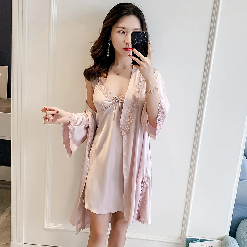 

Шелковый пижамный комплект и халат, сексуальный халат, ночная сорочка, комплект одежды для сна, ночная сорочка, комплект для женщин, платье д...