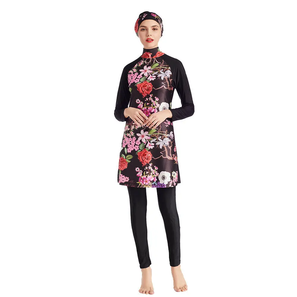 

Muslim Burkini Women Hijab+Top+Pant Set Swimsuit 3pcs Swimwear Printed Modest Full Cover Beachwear Islamic Swim Costumes Arab