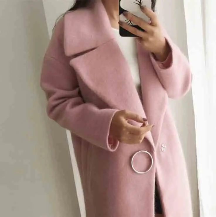 Women Cotton Overcoat Autumn Knitwear Wool Blends Long Sleeve Button White Causal Coats Jacket