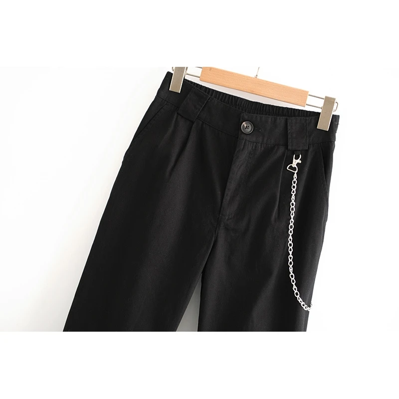 

YOSIBCD Women 2021 Fashion With Chain Side Pockets Pants Vintage High Waist Back Elastic Streetwear Female Ankle Trousers Mujer
