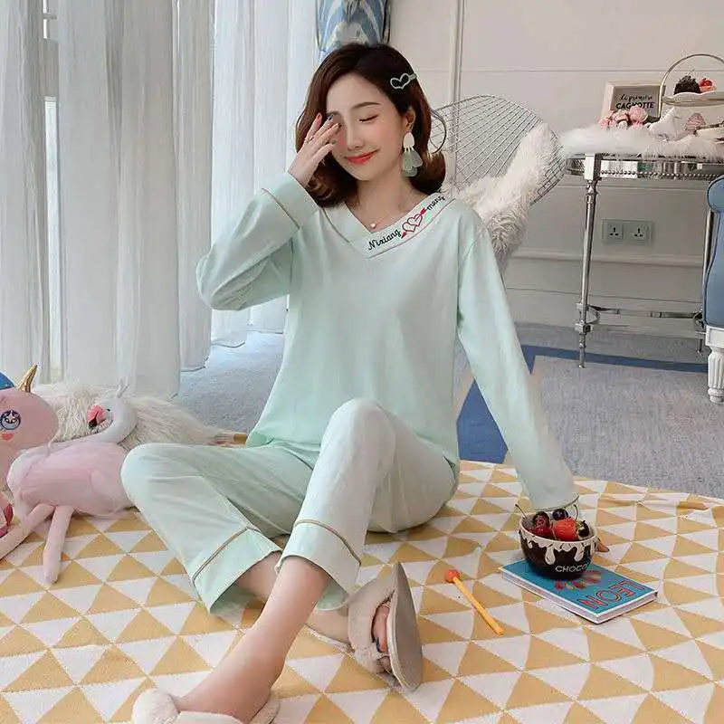 2021 Autumn Spring Air Conditioning Room New Women's Pajamas Set Korean Version Loose Long Sleeve Nightwear Casual Home Wear
