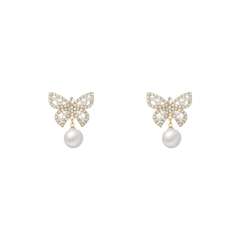 

New simple fashion temperament butterfly pearl S925 silver needle web celebrity female earrings